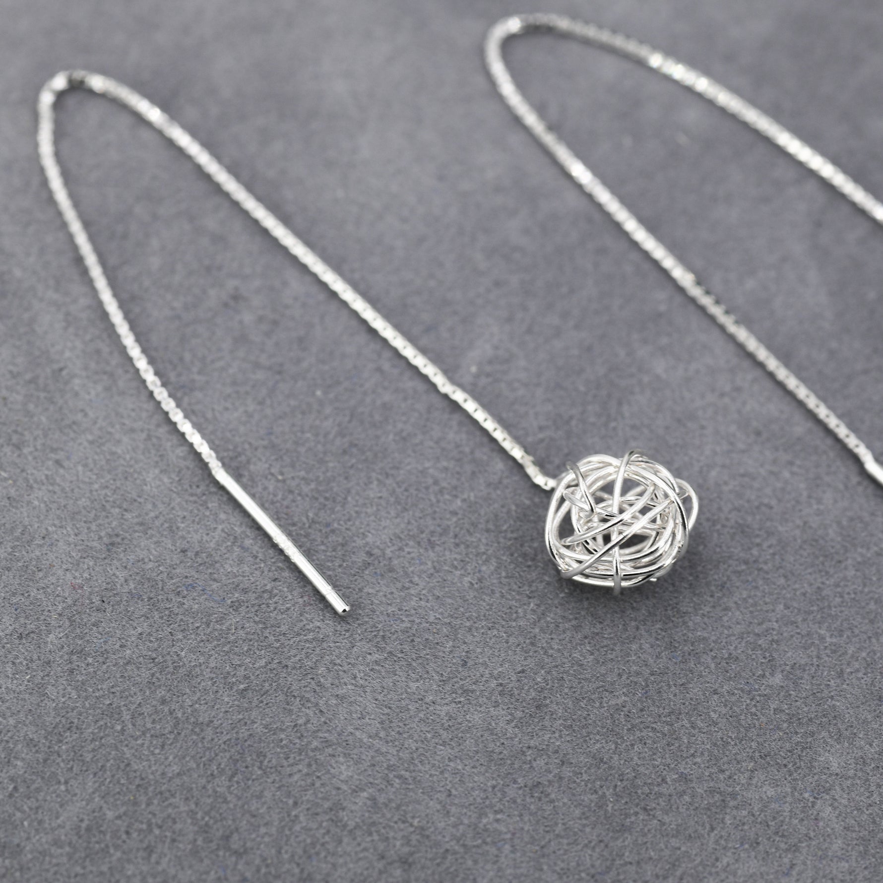Sterling Silver Yarn ball Tumbleweed Wire Ball Threaders Earrings - Hand Woven from Sterling Silver Wire, Minimalist Ear Threaders