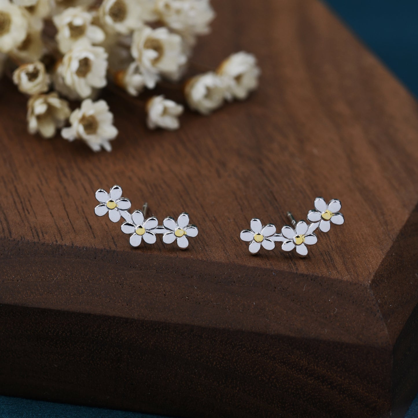 Forget-me-not Flower Stud Earrings in Sterling Silver, Three Flower Bouquet Earrings, Triple Daisy Flower Cluster Earrings