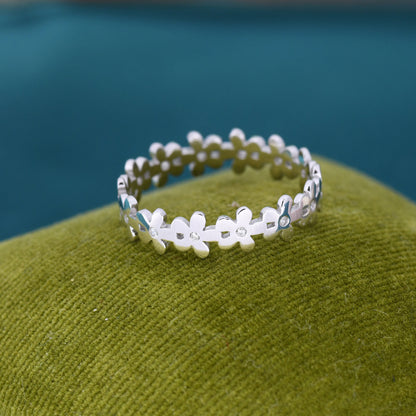 Sterling Silver Pretty Forget-me-not Flower Floral Motif Ring, Nature Inspired Jewellery, Adjustable Size