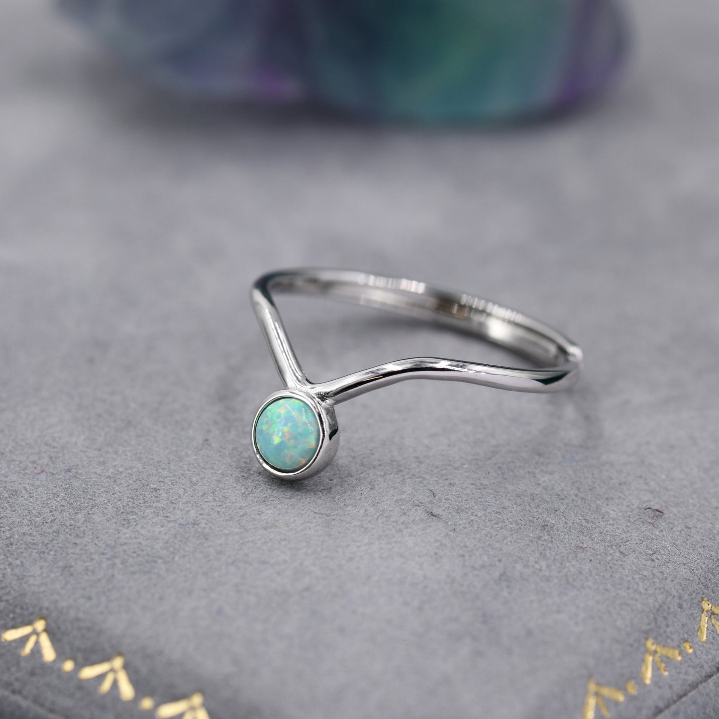 Minimalist Aqua Green Opal V Ring in Sterling Silver,  4mm Bezel Set Lab Opal Ring, Adjustable Size Chevron Ring, Simulated Blue Opal Ring