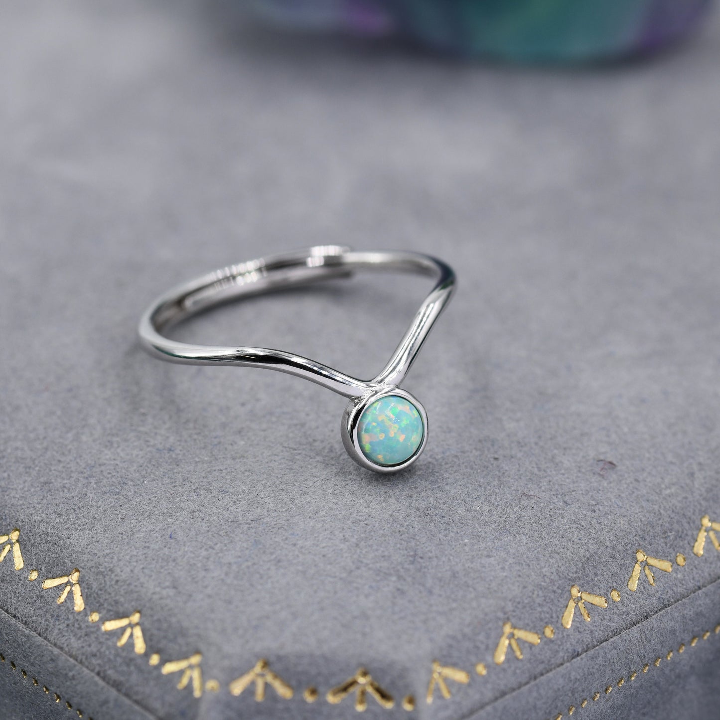 Minimalist Aqua Green Opal V Ring in Sterling Silver,  4mm Bezel Set Lab Opal Ring, Adjustable Size Chevron Ring, Simulated Blue Opal Ring