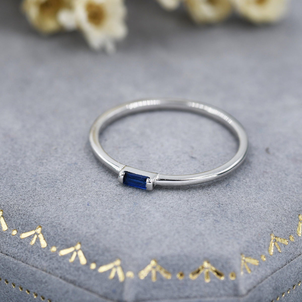 Sapphire Blue Tiny Baguette CZ Ring in Sterling Silver, Silver or Gold, Minimalist 2x4mm Single Baguette CZ Ring US 5 - 8