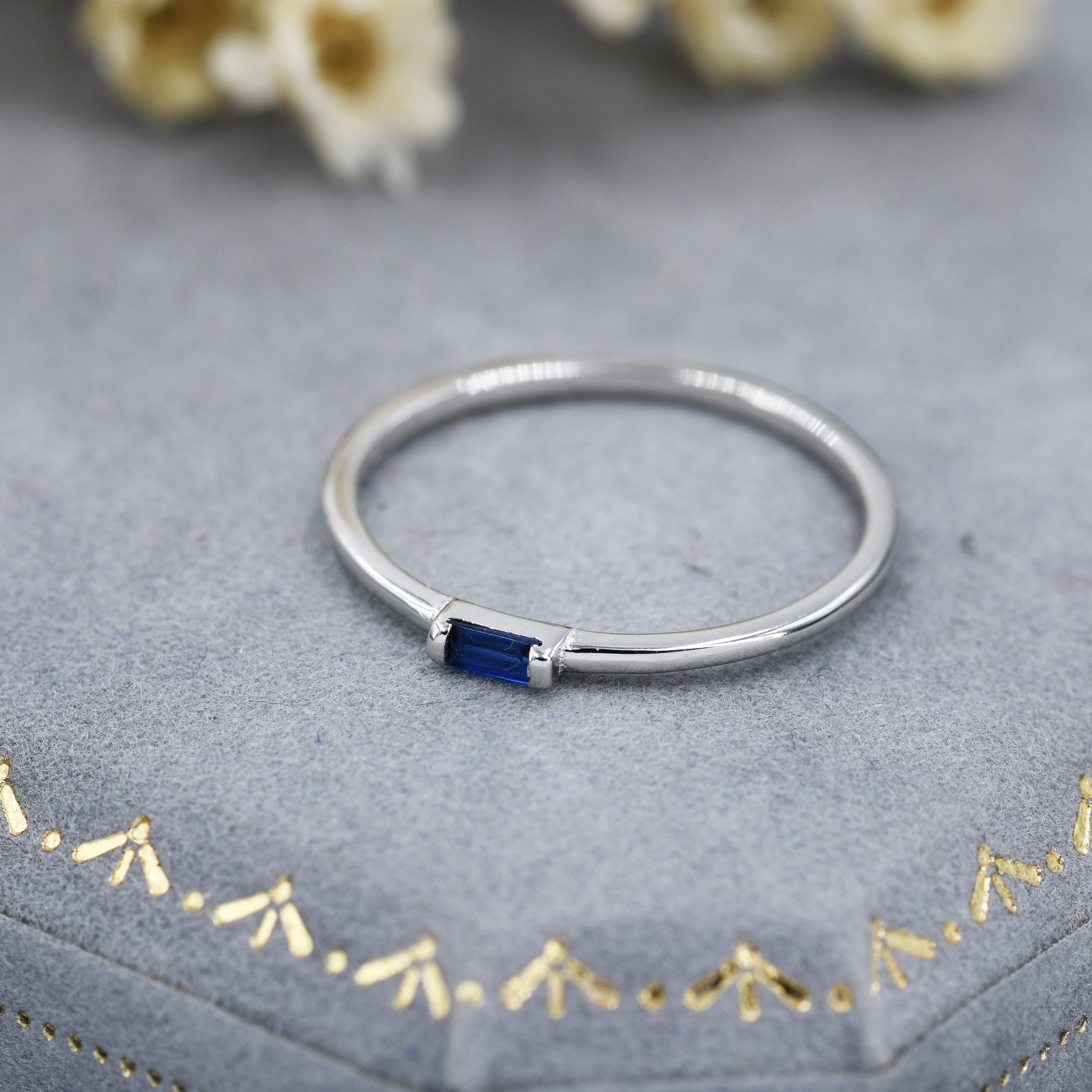 Sapphire Blue Tiny Baguette CZ Ring in Sterling Silver, Silver or Gold, Minimalist 2x4mm Single Baguette CZ Ring US 5 - 8