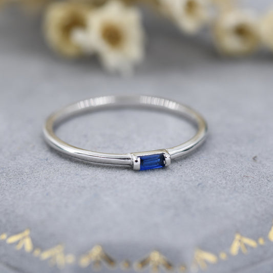 Sapphire Blue Tiny Baguette CZ Ring in Sterling Silver, Silver or Gold, Minimalist 2x4mm Single Baguette CZ Ring US 5 - 8