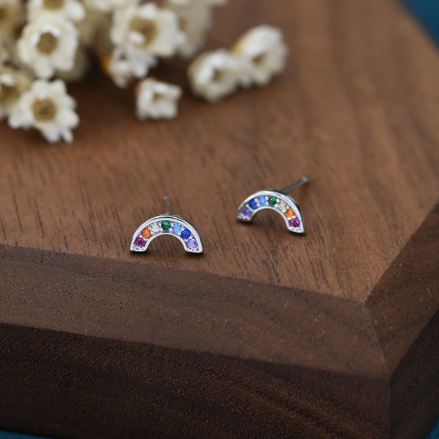 Sterling Silver CZ Crystal Rainbow Stud Earrings, Gold and Silver, Cute and Quirky Jewellery