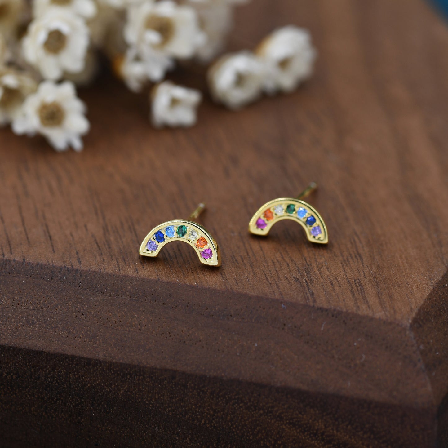 Sterling Silver CZ Crystal Rainbow Stud Earrings, Gold and Silver, Cute and Quirky Jewellery