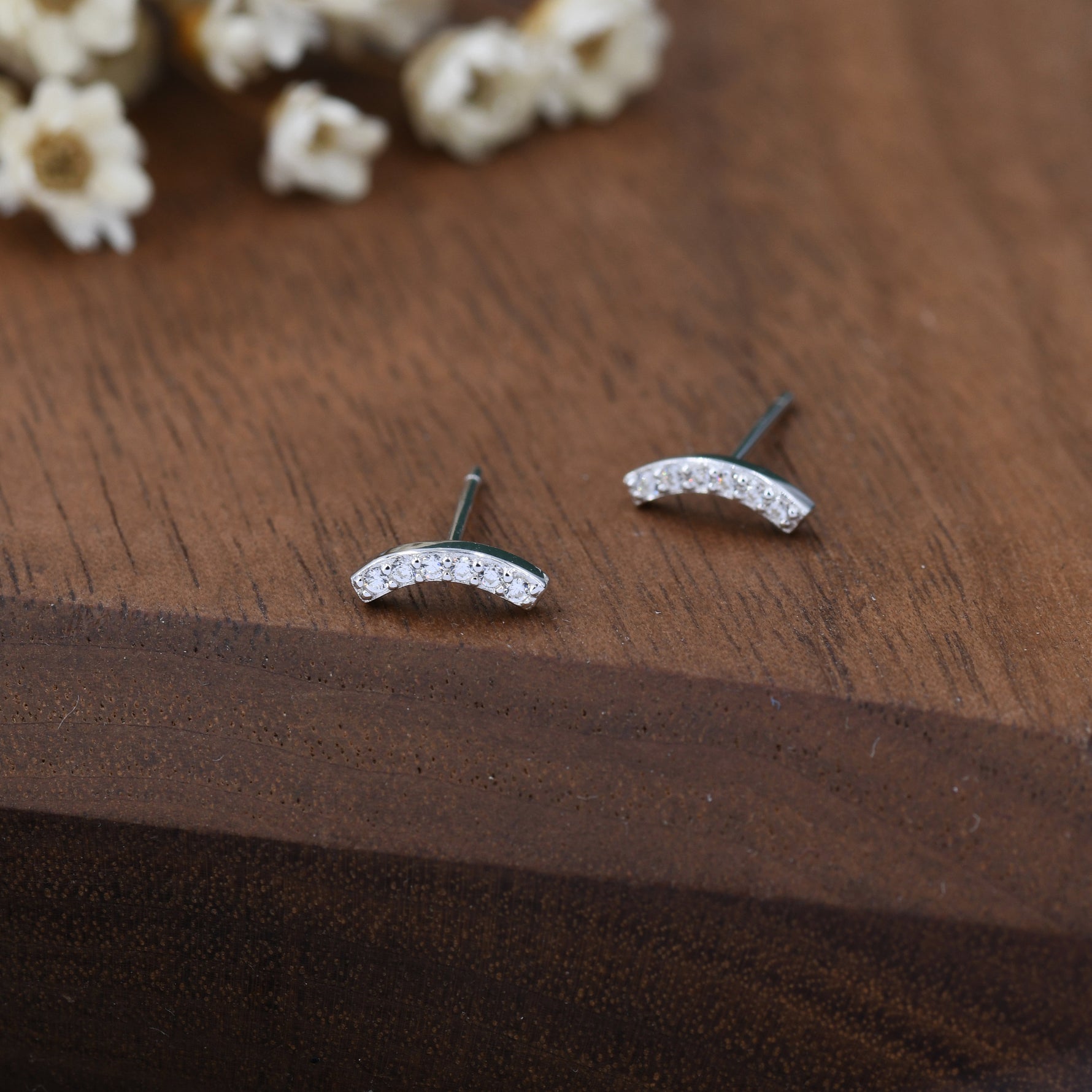CZ Curved Bar Tiny Stud Earrings in Sterling Silver, Silver or Gold, Extra Tiny CZ Bar Stud, Geometric Bar Earrings, Delicate and Pretty
