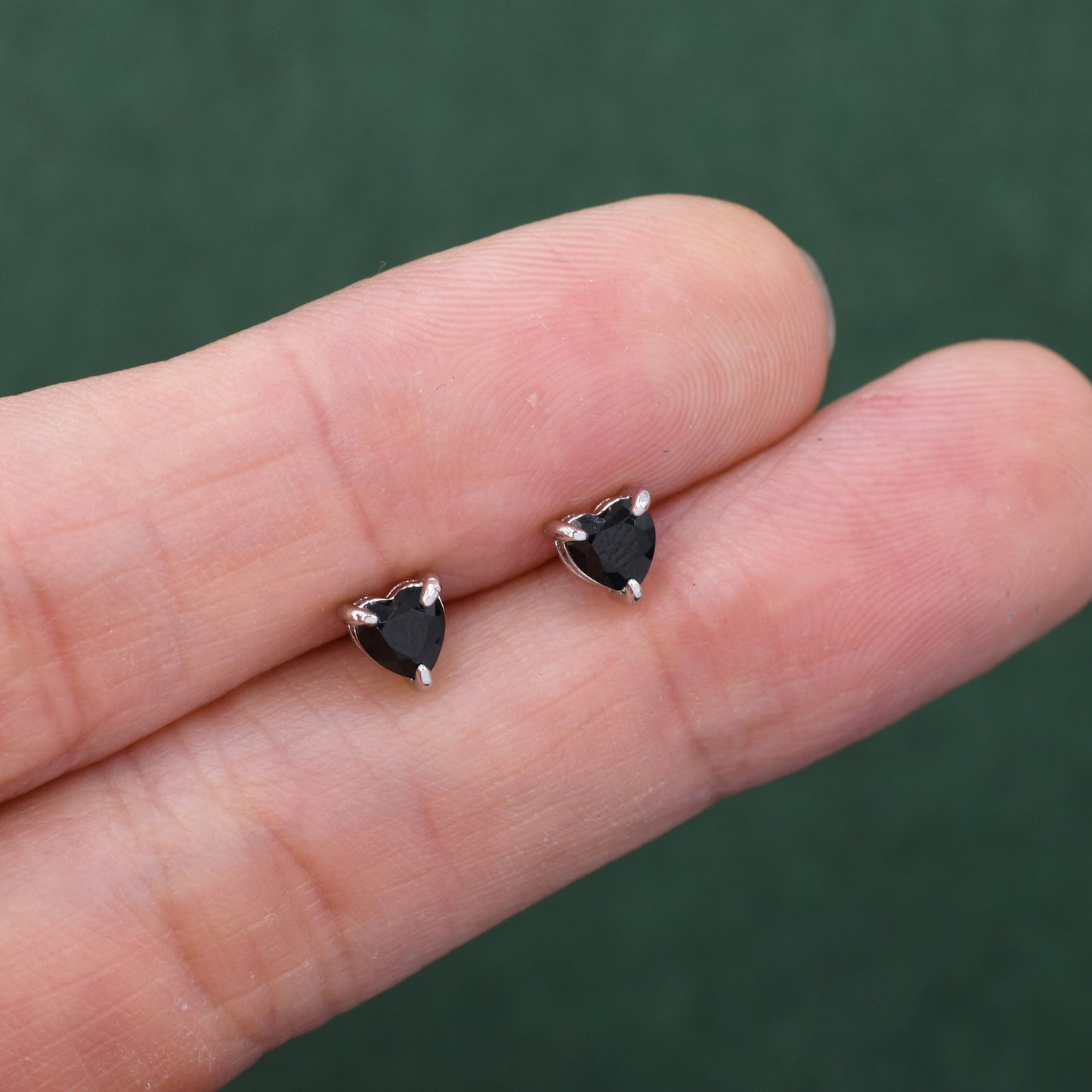 Genuine Black Onyx Crystal Heart Stud Earrings in Sterling Silver, 4mm Stone, Heart Stud Earrings, Tiny Heart Earrings