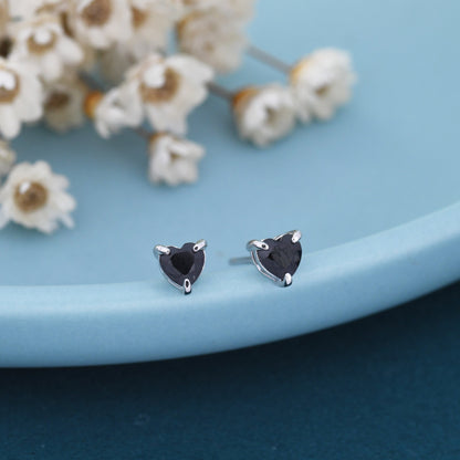 Genuine Black Onyx Crystal Heart Stud Earrings in Sterling Silver, 4mm Stone, Heart Stud Earrings, Tiny Heart Earrings