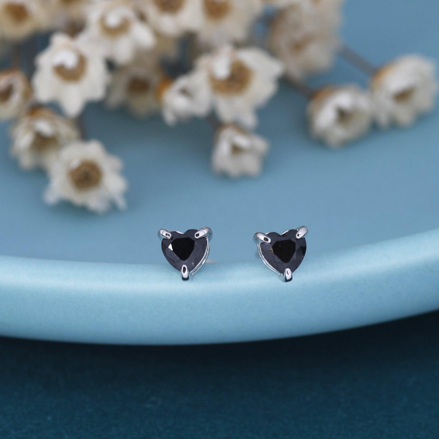 Genuine Black Onyx Crystal Heart Stud Earrings in Sterling Silver, 4mm Stone, Heart Stud Earrings, Tiny Heart Earrings