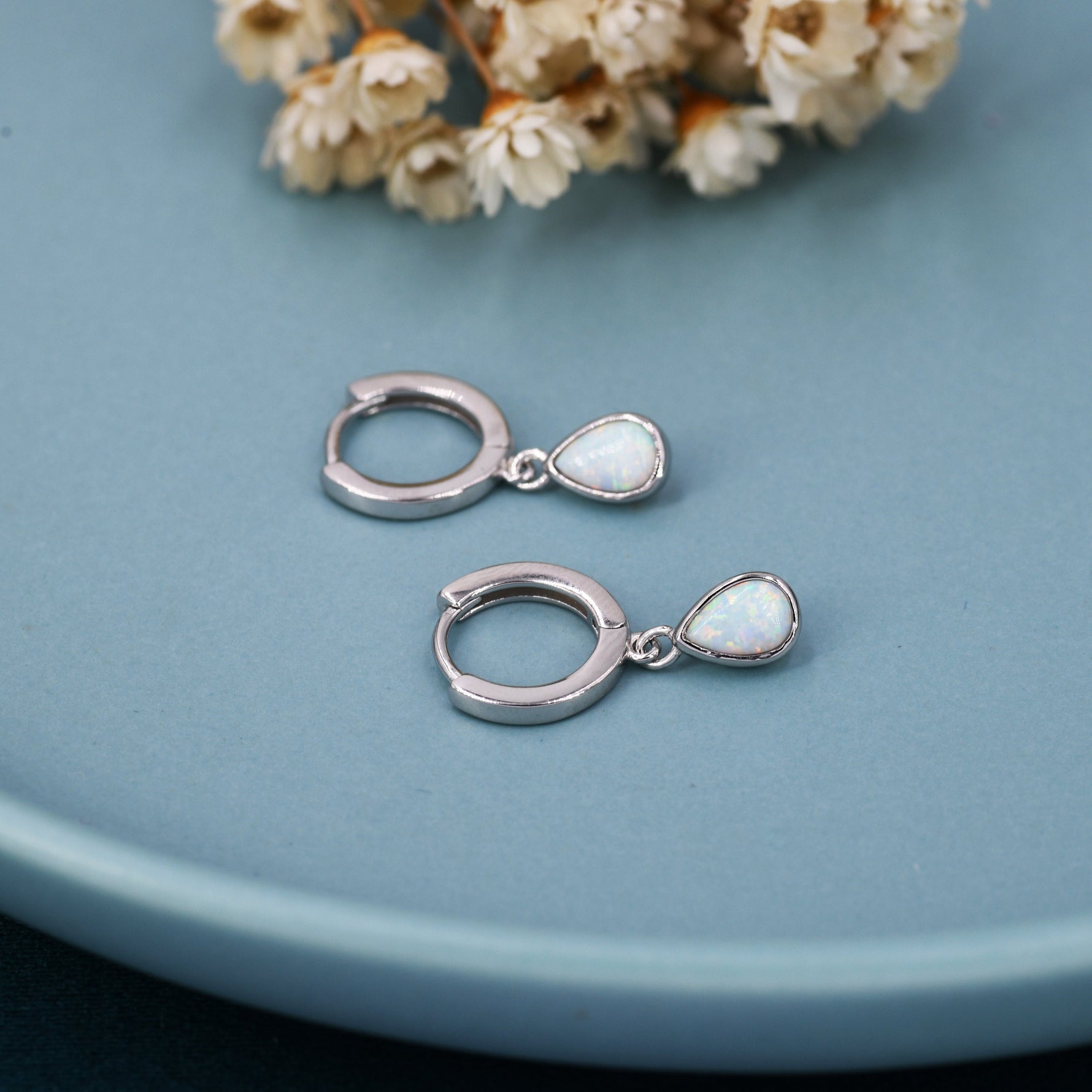 Sterling Silver Dangling Opal Droplet Hoop Earrings, Blue Opal or Fire Opal Charm Dangle Hoop Earrings, Silver or Gold