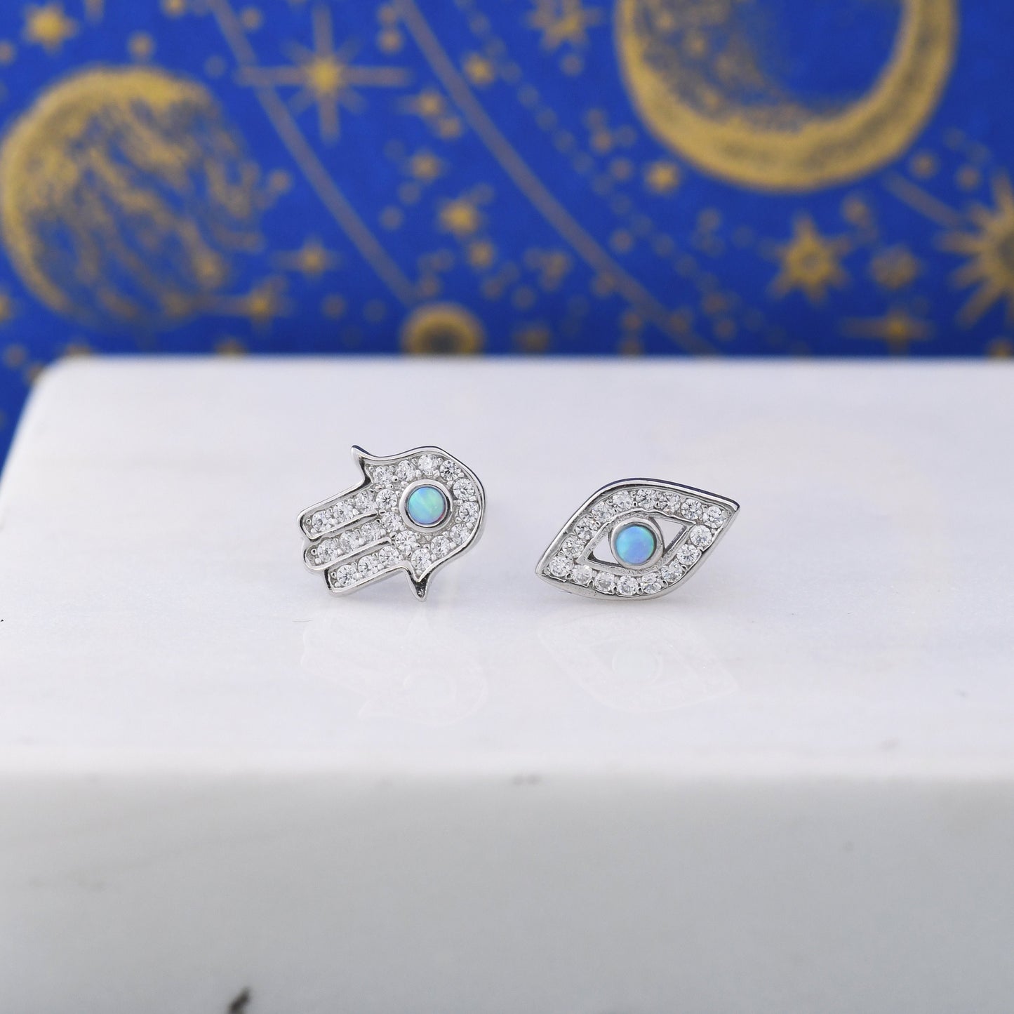 Mismatched Hamsa Hand and Evil Eye CZ Stud Earrings in Sterling Silver with Blue Opal, Silver or Gold, Asymmetric Hand and Eye Earrings