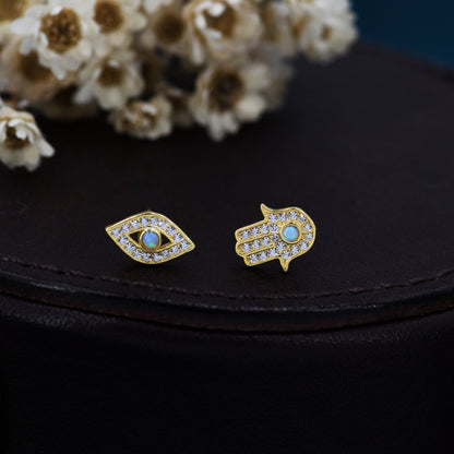 Mismatched Hamsa Hand and Evil Eye CZ Stud Earrings in Sterling Silver with Blue Opal, Silver or Gold, Asymmetric Hand and Eye Earrings