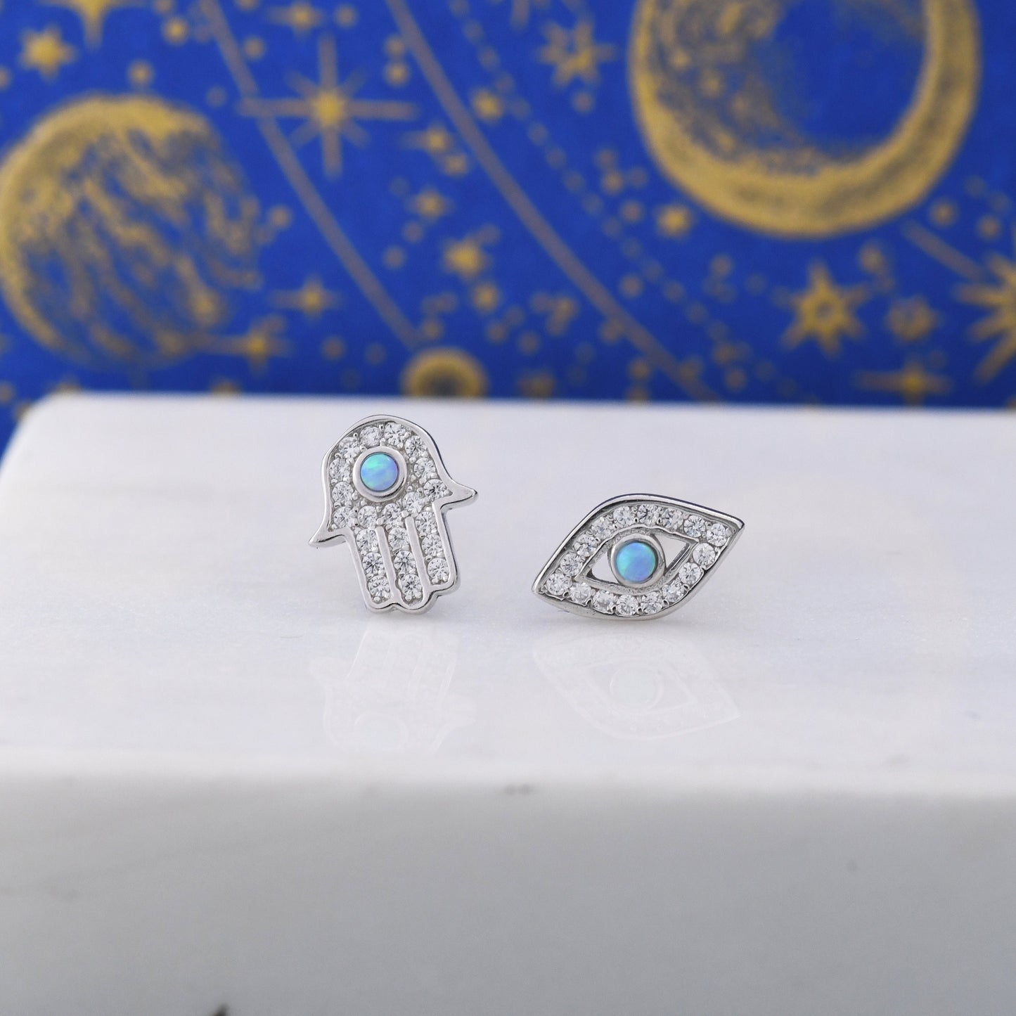 Mismatched Hamsa Hand and Evil Eye CZ Stud Earrings in Sterling Silver with Blue Opal, Silver or Gold, Asymmetric Hand and Eye Earrings