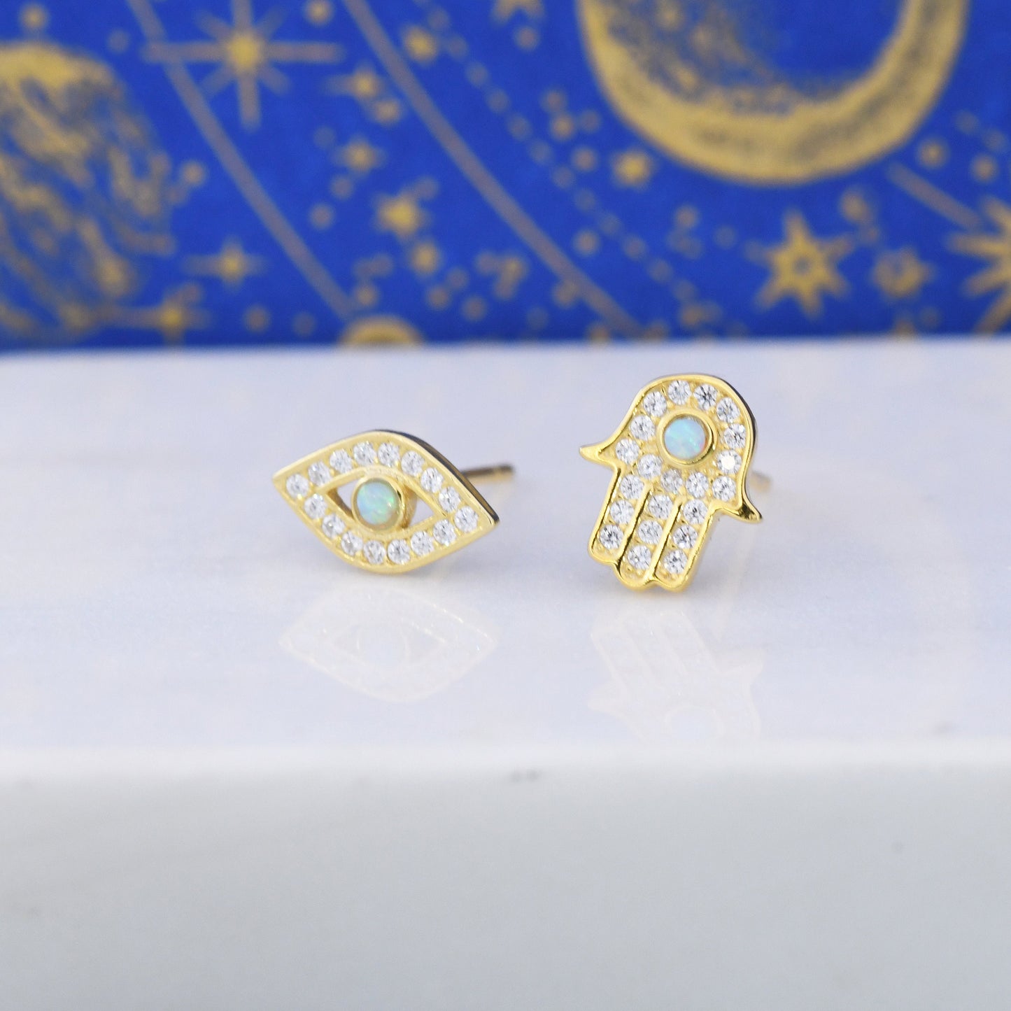 Mismatched Hamsa Hand and Evil Eye CZ Stud Earrings in Sterling Silver with Blue Opal, Silver or Gold, Asymmetric Hand and Eye Earrings