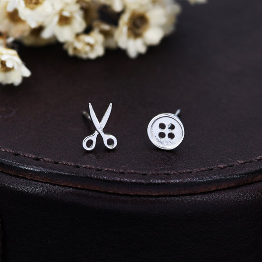 Mismatched Scissors and Button Stud Earrings in Sterling Silver, Silver or Gold, Asymmetric Button and Scissors Earrings, Fun and Quirky DIY