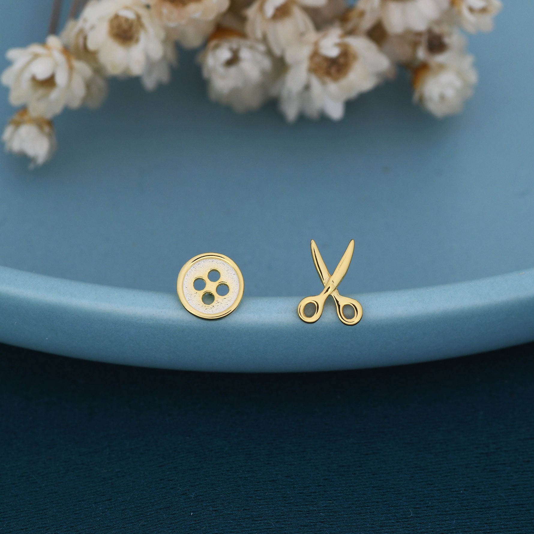 Mismatched Scissors and Button Stud Earrings in Sterling Silver, Silver or Gold, Asymmetric Button and Scissors Earrings, Fun and Quirky DIY
