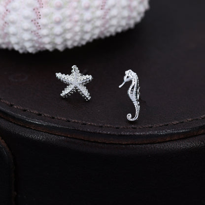Mismatched Seahorse and Sea Star Stud Earrings in Sterling Silver. Asymmetric Starfish and Seahorse Earrings, Fun and Quirky