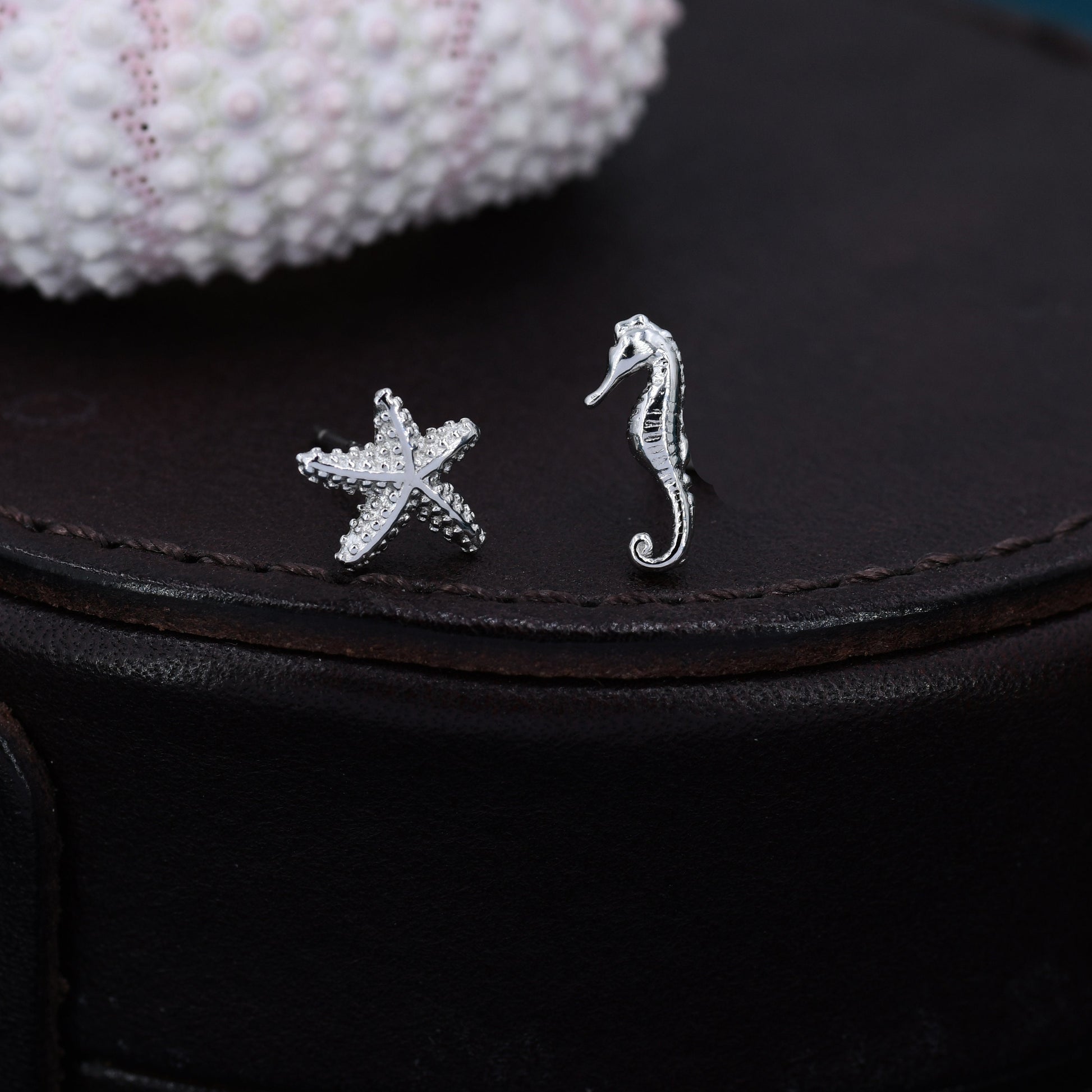 Mismatched Seahorse and Sea Star Stud Earrings in Sterling Silver. Asymmetric Starfish and Seahorse Earrings, Fun and Quirky