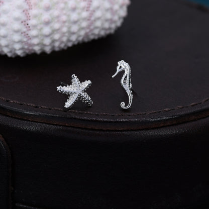 Mismatched Seahorse and Sea Star Stud Earrings in Sterling Silver. Asymmetric Starfish and Seahorse Earrings, Fun and Quirky