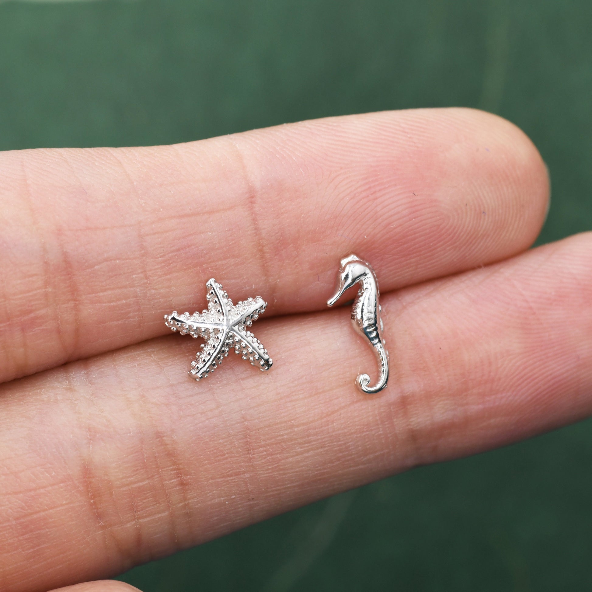 Mismatched Seahorse and Sea Star Stud Earrings in Sterling Silver. Asymmetric Starfish and Seahorse Earrings, Fun and Quirky
