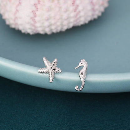 Mismatched Seahorse and Sea Star Stud Earrings in Sterling Silver. Asymmetric Starfish and Seahorse Earrings, Fun and Quirky