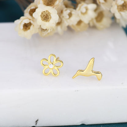 Mismatched Hummingbird and Flower Stud Earrings in Sterling Silver, Silver or Gold, AsymmetricFlower and Hummingbird Earrings