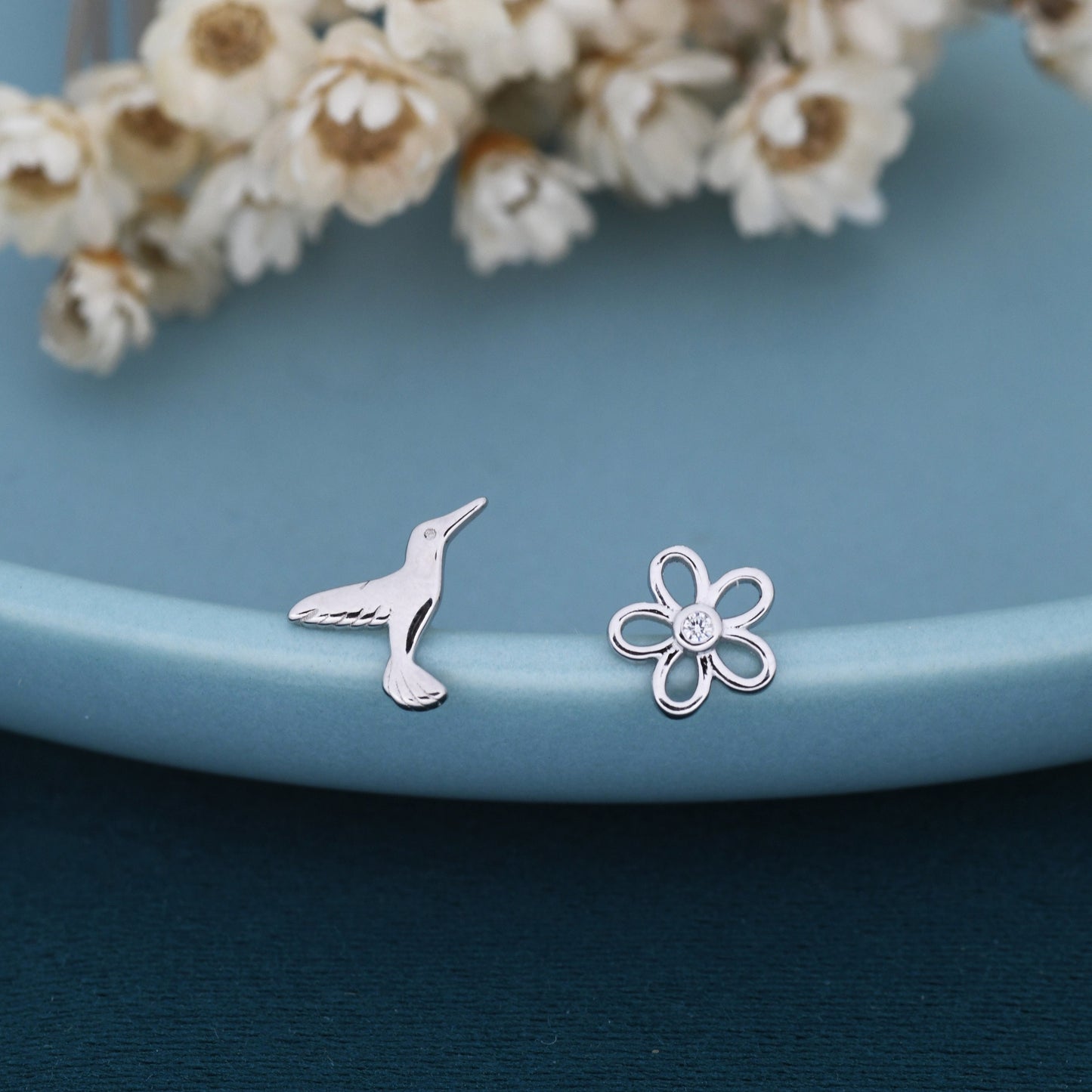 Mismatched Hummingbird and Flower Stud Earrings in Sterling Silver, Silver or Gold, AsymmetricFlower and Hummingbird Earrings