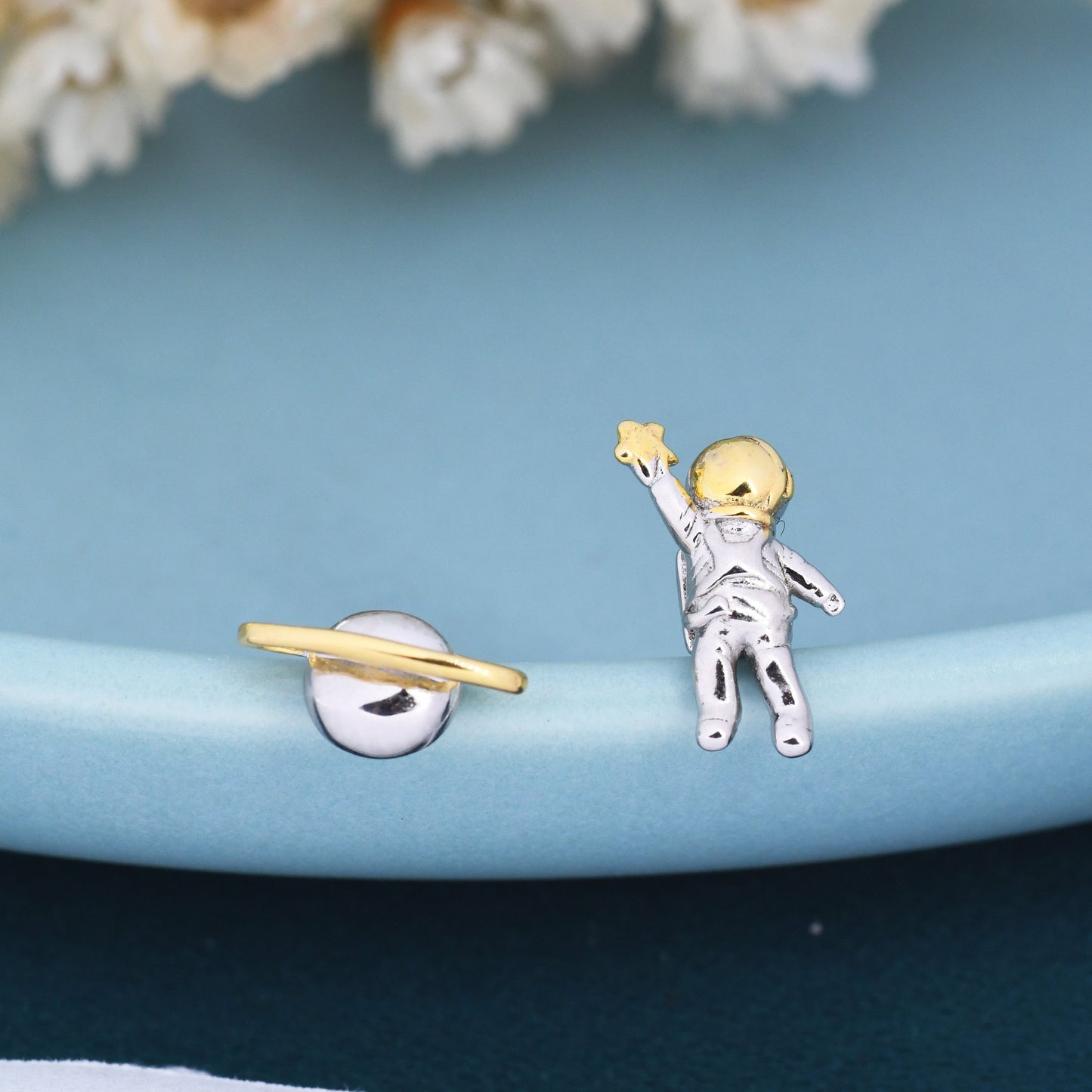 Mismatched Astronaut and Planet Stud Earrings in Sterling Silver, Silver or Gold, Asymmetric Planet and Spaceman Earrings, Fun and Quirky