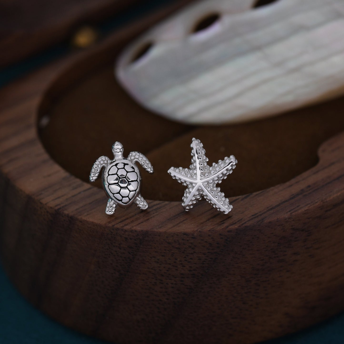 Mismatched Sea Turtle and Sea Star Stud Earrings in Sterling Silver, Asymmetric Starfish and Sea Turtle Earrings