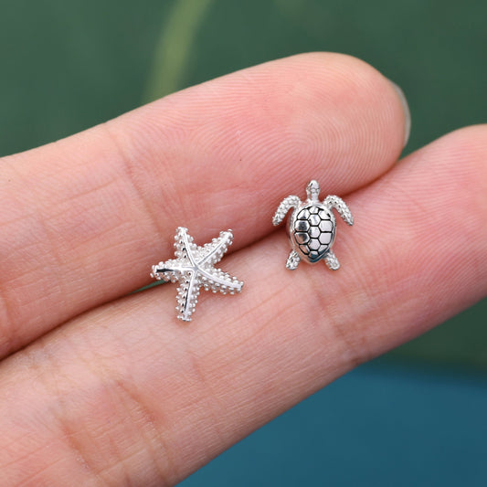 Mismatched Sea Turtle and Sea Star Stud Earrings in Sterling Silver, Asymmetric Starfish and Sea Turtle Earrings