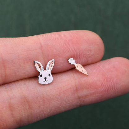 Mismatched Rabbit and Carrot Stud Earrings in Sterling Silver with partial rose gold, Asymmetric Cute Bunny and Carrot Earrings