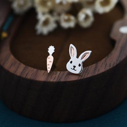 Mismatched Rabbit and Carrot Stud Earrings in Sterling Silver with partial rose gold, Asymmetric Cute Bunny and Carrot Earrings