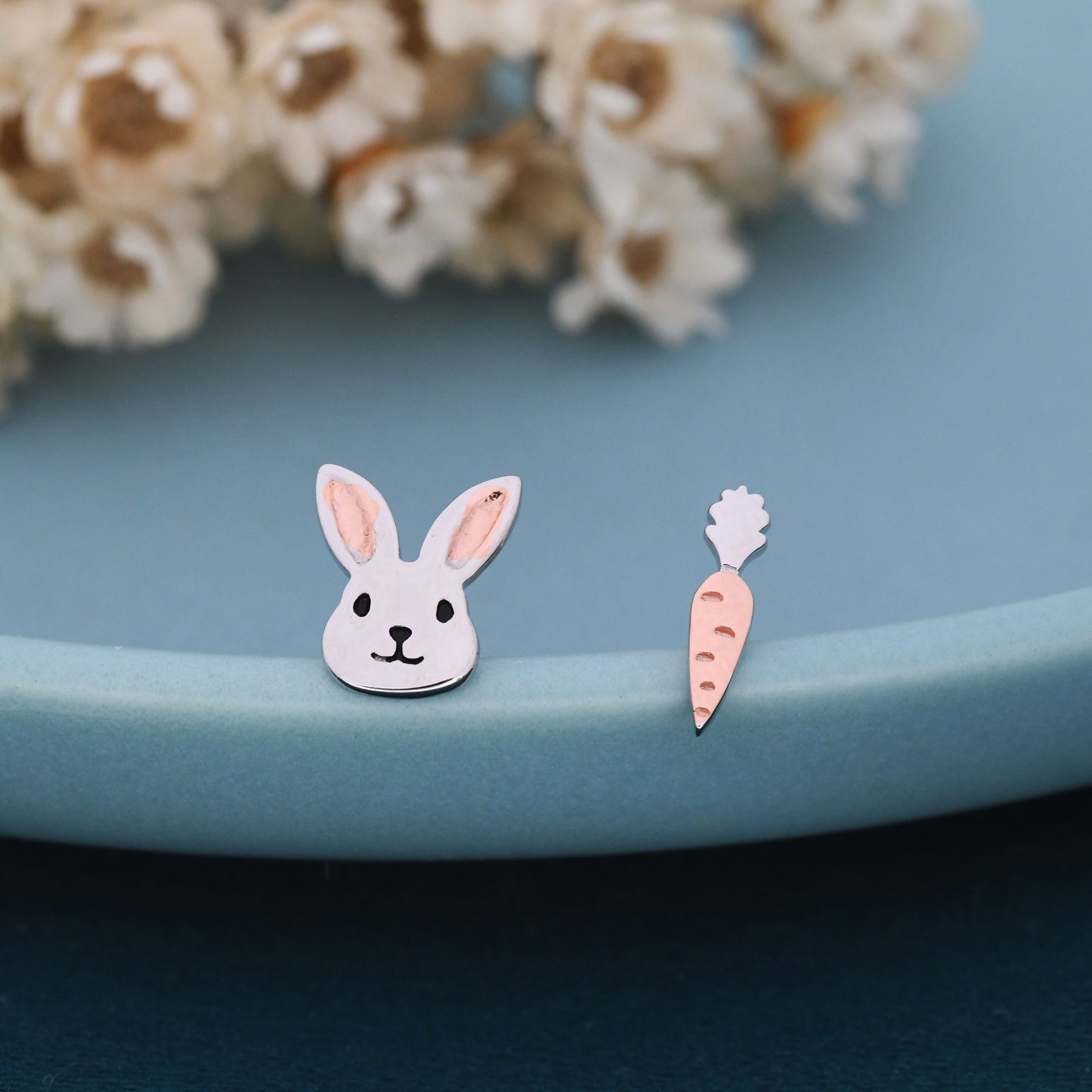 Mismatched Rabbit and Carrot Stud Earrings in Sterling Silver with partial rose gold, Asymmetric Cute Bunny and Carrot Earrings