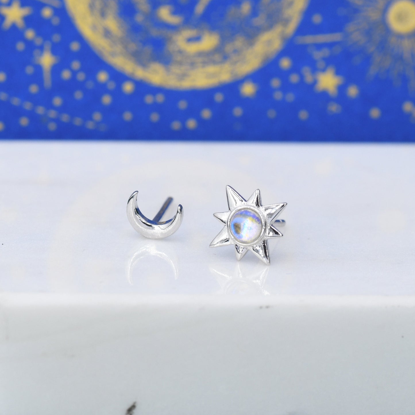 Mismatched Starburst and Moon Stud Earrings in Sterling Silver with Lab Moonstone, Asymmetric Moonstone Star and Crescent Moon Earrings