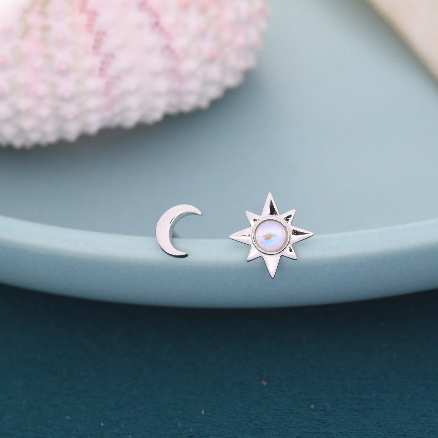 Mismatched Starburst and Moon Stud Earrings in Sterling Silver with Lab Moonstone, Asymmetric Moonstone Star and Crescent Moon Earrings