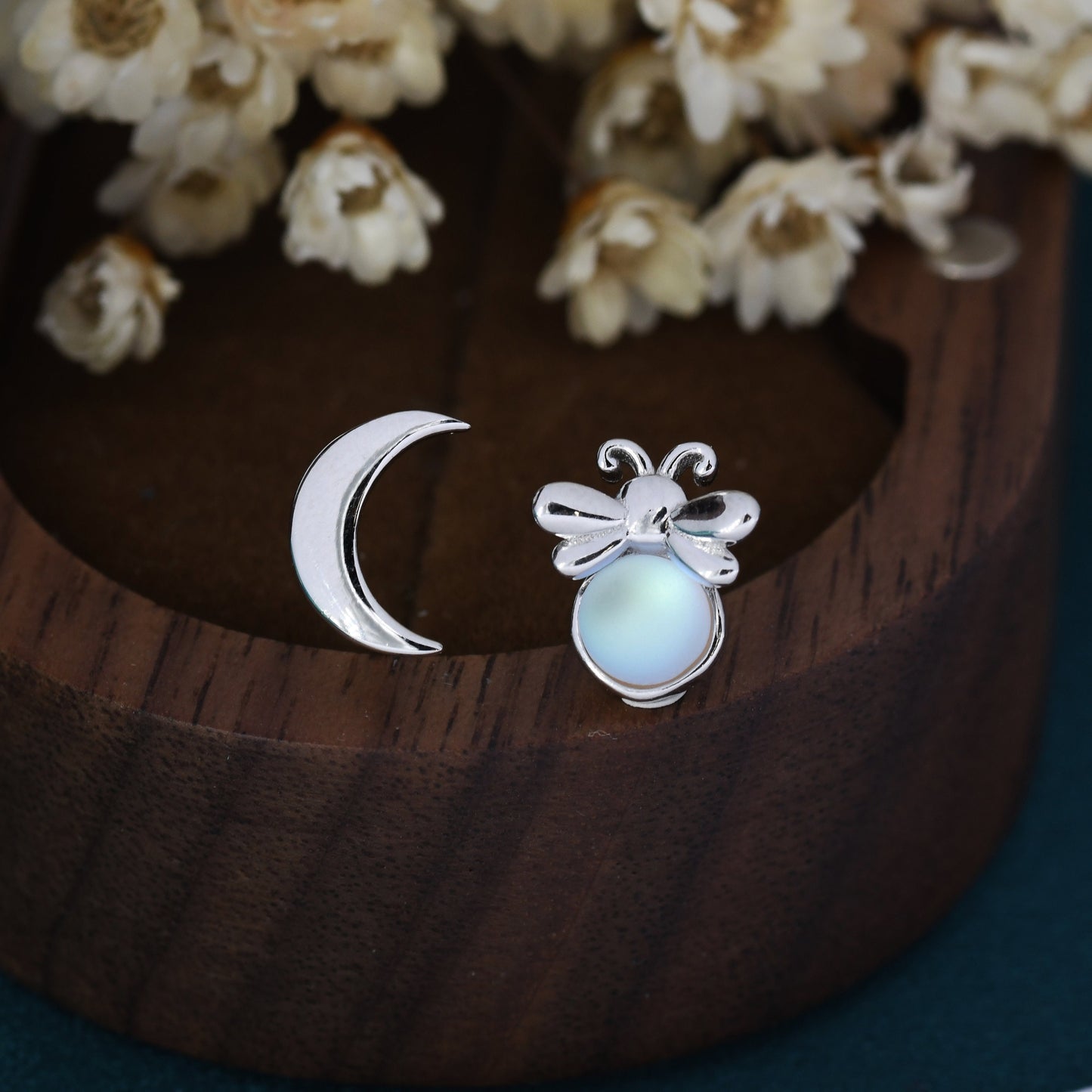 Mismatched Firefly and Moon Stud Earrings in Sterling Silver, Asymmetric Moon and Firefly Earrings, Fun and Quirky