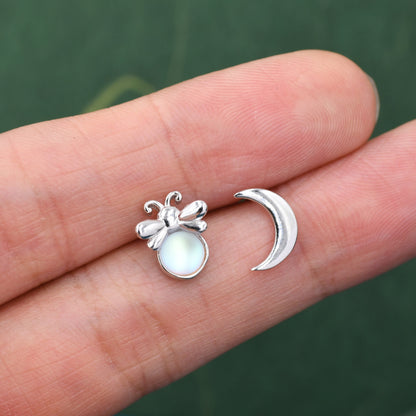 Mismatched Firefly and Moon Stud Earrings in Sterling Silver, Asymmetric Moon and Firefly Earrings, Fun and Quirky