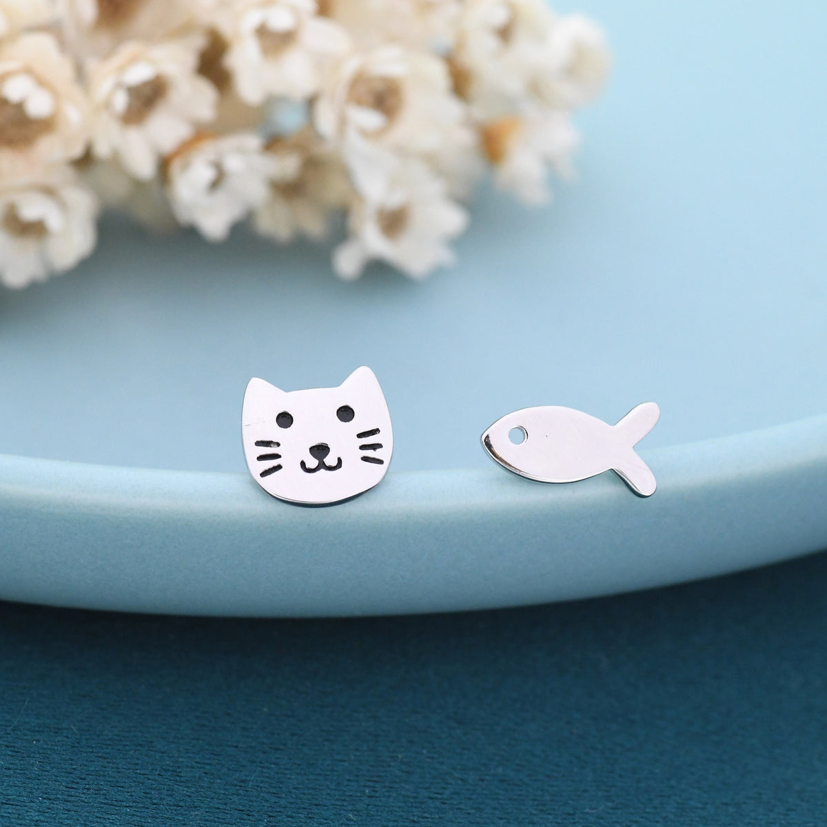 Mismatched Cat and Fish Stud Earrings in Sterling Silver, Asymmetric Cat and Fish Earrings, Cute Cat Lover Earrings