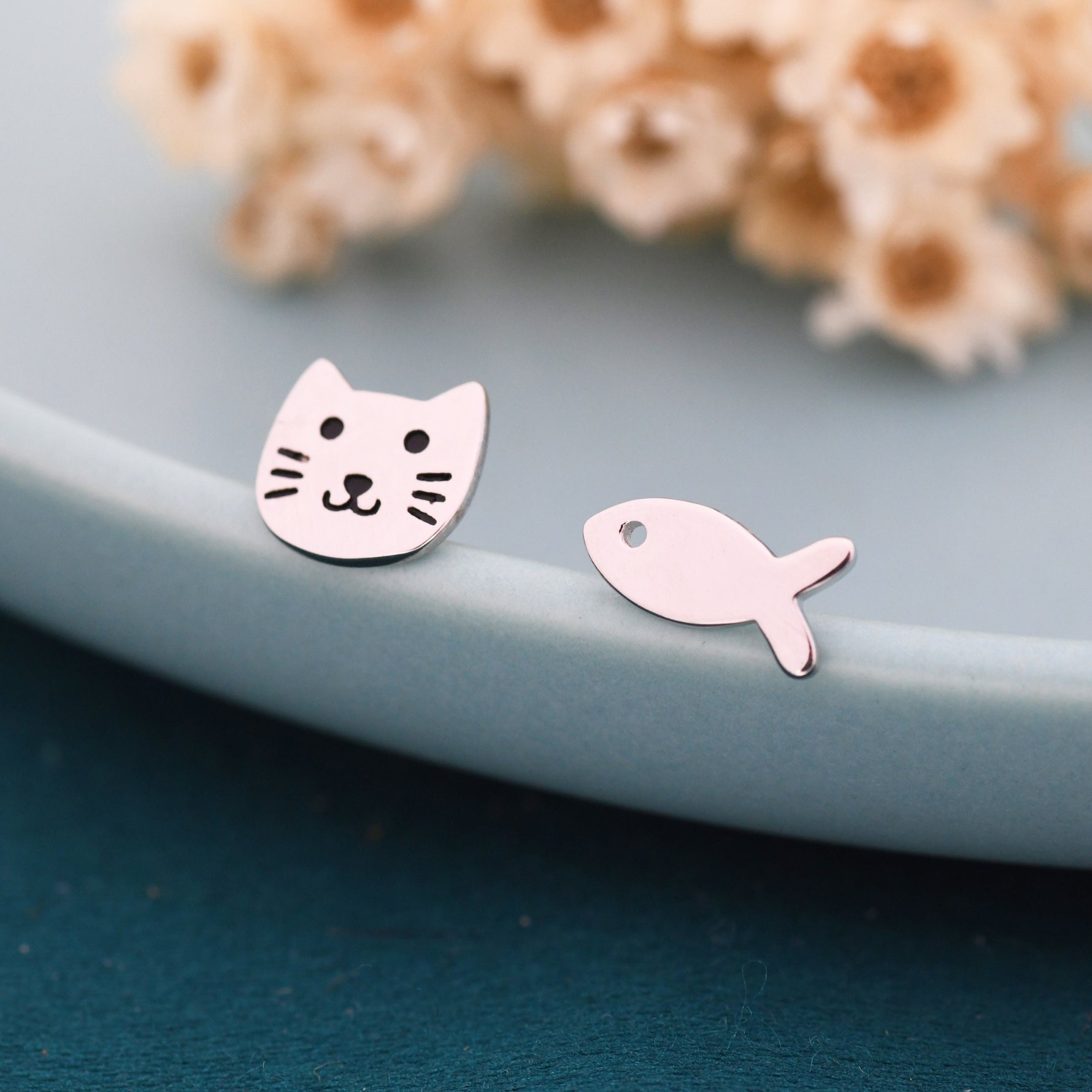 Mismatched Cat and Fish Stud Earrings in Sterling Silver, Asymmetric Cat and Fish Earrings, Cute Cat Lover Earrings