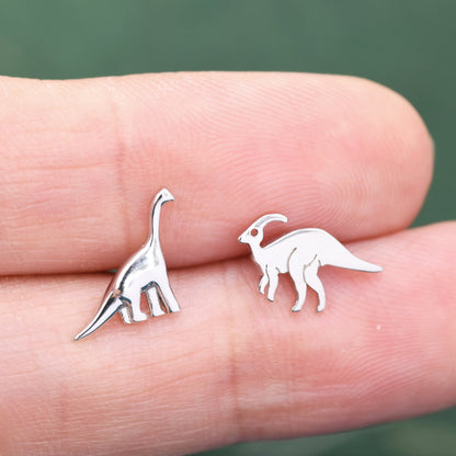 Mismatched Dinosaur Stud Earrings in Sterling Silver, Asymmetric Parasaurolophus and Brachiosaurus Dino Earrings