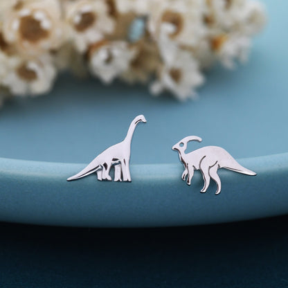 Mismatched Dinosaur Stud Earrings in Sterling Silver, Asymmetric Parasaurolophus and Brachiosaurus Dino Earrings