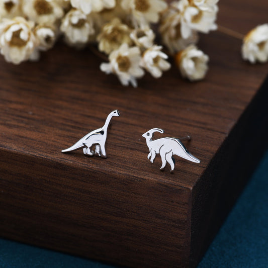 Mismatched Dinosaur Stud Earrings in Sterling Silver, Asymmetric Parasaurolophus and Brachiosaurus Dino Earrings