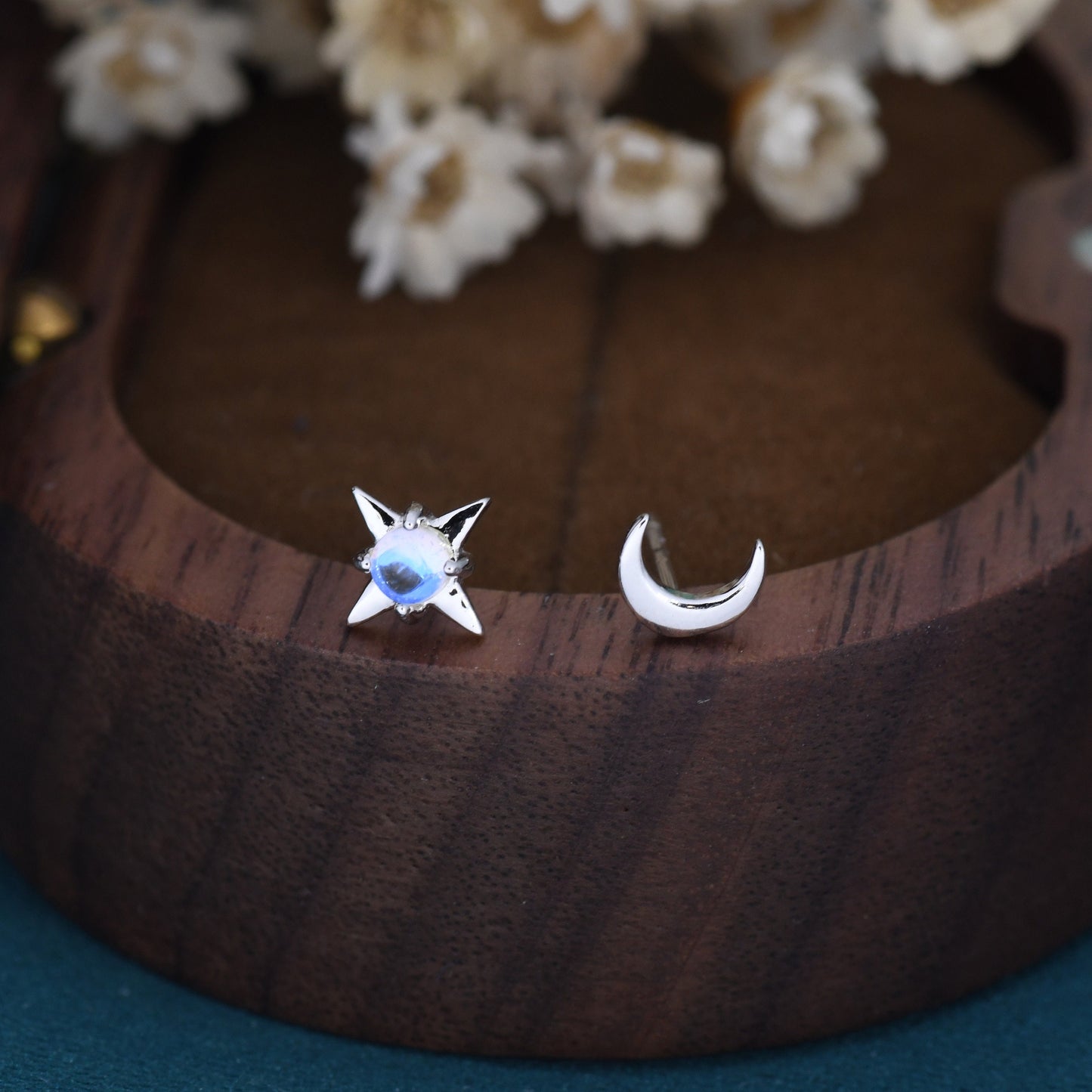 Mismatched Starburst and Moon Stud Earrings in Sterling Silver with Lab Moonstone, Asymmetric Moonstone Star and Moon Earrings