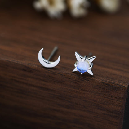 Mismatched Starburst and Moon Stud Earrings in Sterling Silver with Lab Moonstone, Asymmetric Moonstone Star and Moon Earrings