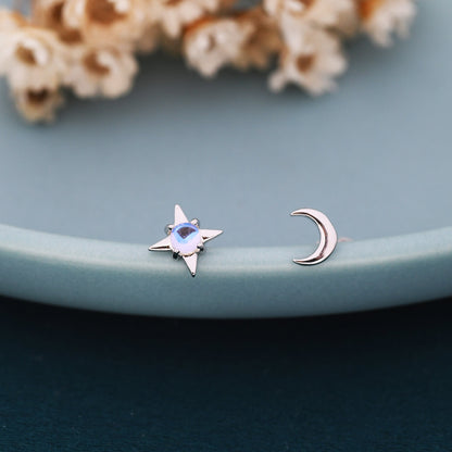 Mismatched Starburst and Moon Stud Earrings in Sterling Silver with Lab Moonstone, Asymmetric Moonstone Star and Moon Earrings