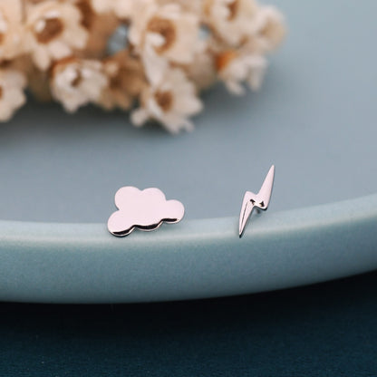 Mismatched Cloud and Lightning Bolt Stud Earrings in Sterling Silver, Asymmetric Tiny Cloud and Lightning Bolt Earrings