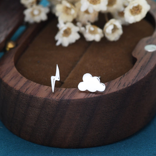 Mismatched Cloud and Lightning Bolt Stud Earrings in Sterling Silver, Asymmetric Tiny Cloud and Lightning Bolt Earrings