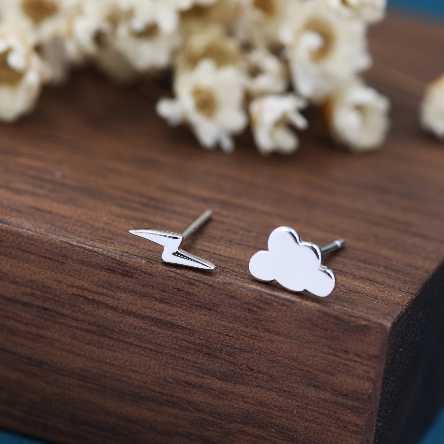 Mismatched Cloud and Lightning Bolt Stud Earrings in Sterling Silver, Asymmetric Tiny Cloud and Lightning Bolt Earrings