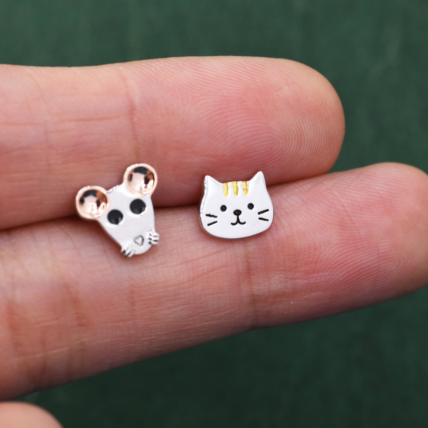 Mismatched Cat and Mouse Stud Earrings in Sterling Silver, Asymmetric Cat and Mouse Earrings, Cute Cat Lover Earrings